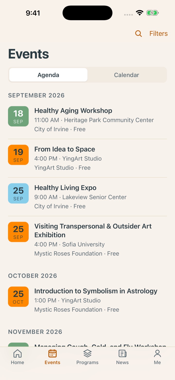 Events tab in Agenda mode, grouped by month, with a date block, venue, host and price on each row